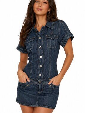 VTG Y2K GUESS Stonewashed Denim Button Down Short Sleeve Mini Dress Sz Large